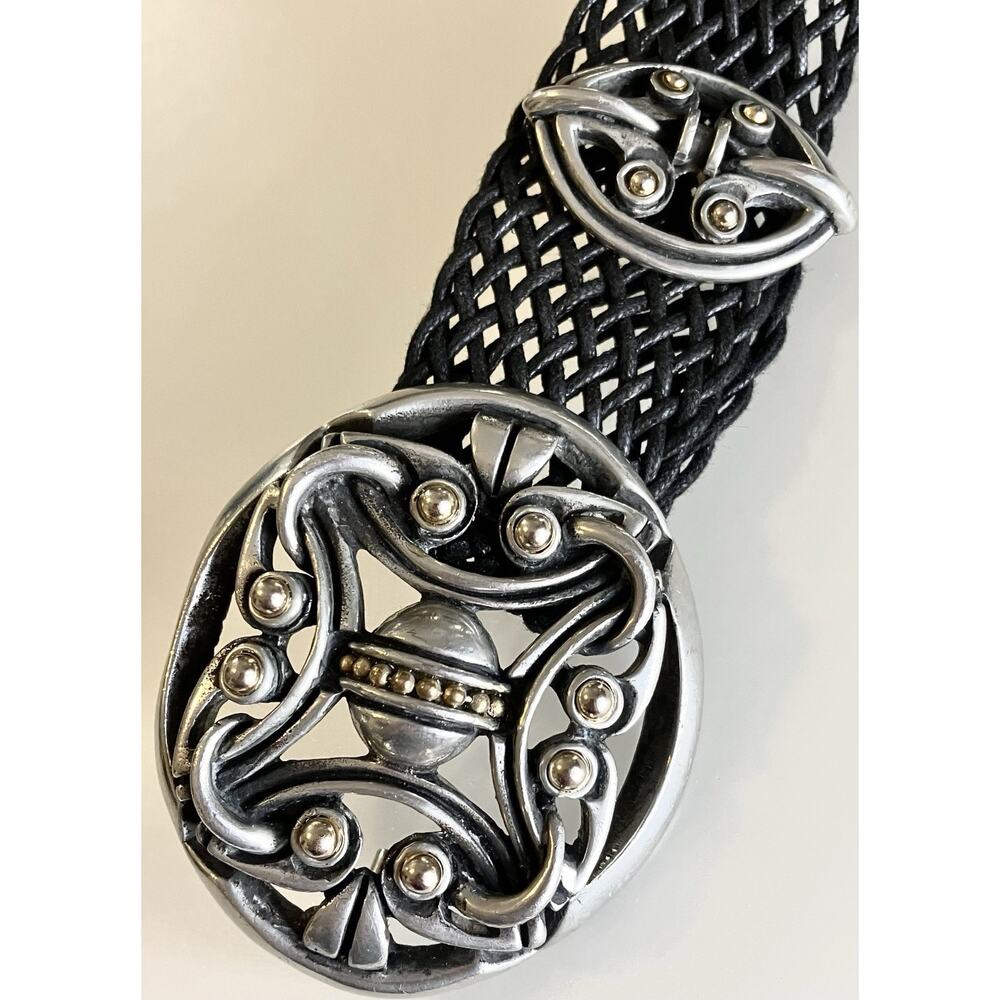 Vintage Modernist Artist Buckle Pewter, Brass Nouveau Statement Woven Mesh Belt - Picture 3 of 6